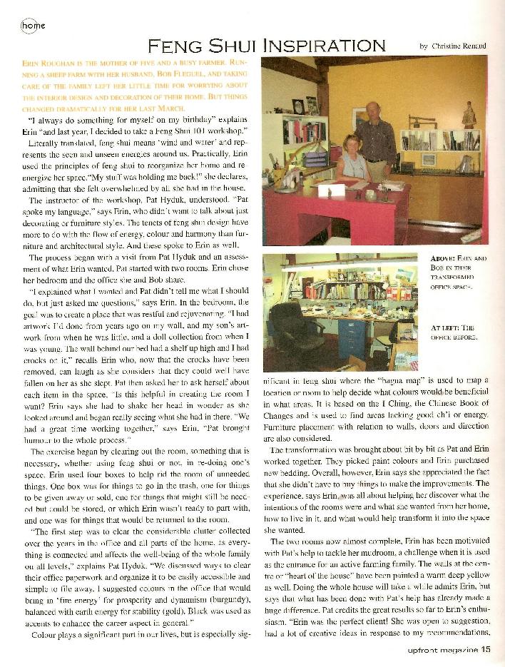 Upfrotn Magazine article on Feng Shui with Pat Hyduk